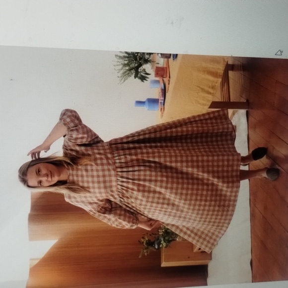 Tradlands Nico Balloon Sleeve Midi Dress Misty Blue Gingham Linen M Worn 1x - Picture 3 of 10